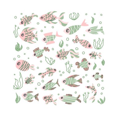 Doodle tarzda izole vektör balık toplama. 