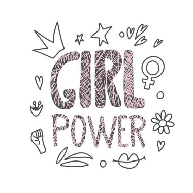 Kız güç posteri. Dekorlu vektör kavramı metni.
