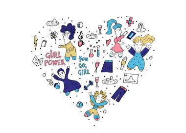 Kız güç doodle tarzı vektör renk illüstrasyon.