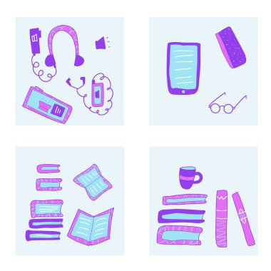 Doodle tarzında kitap seti. Vektör çizimi.