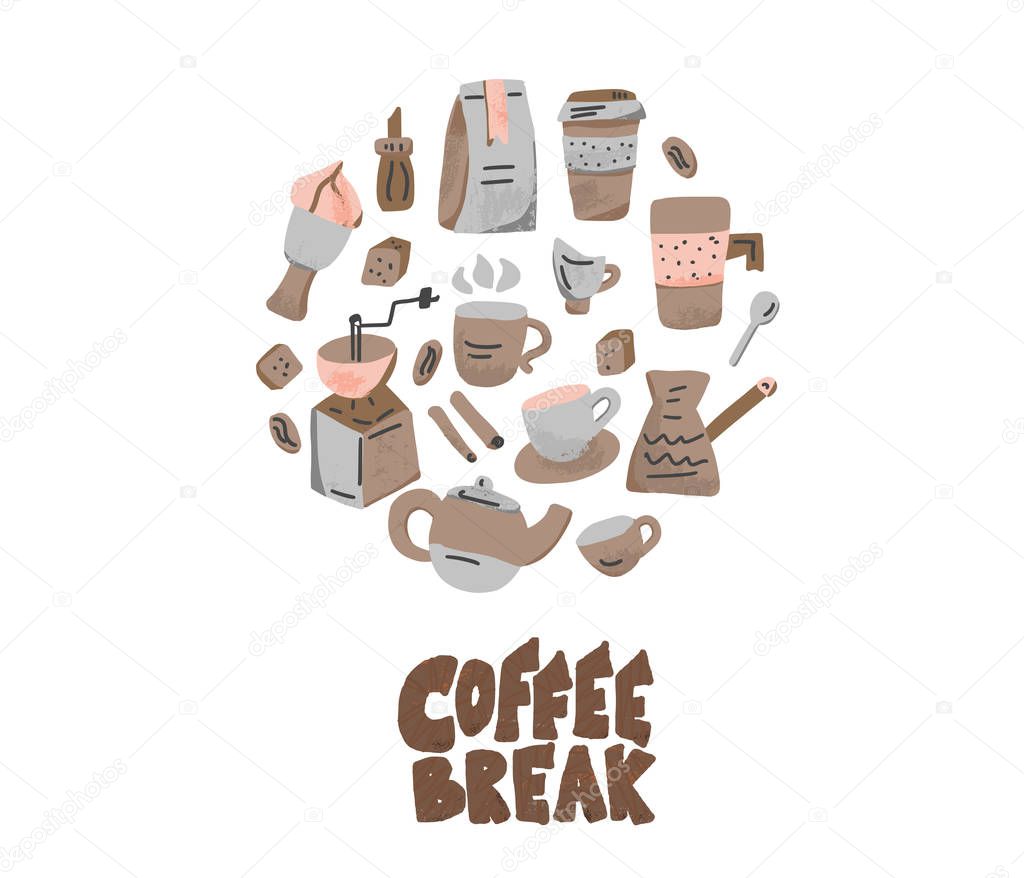 Coffee set round badge. Vector illustration.