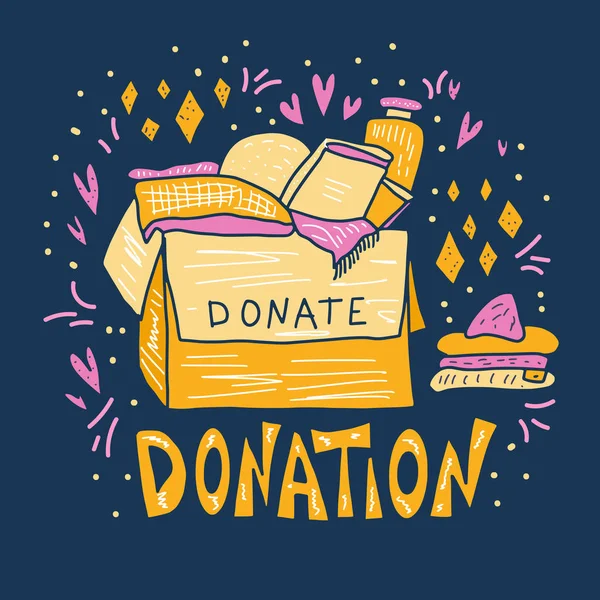 Donation concept. Box with stuff and text. — Stock Vector