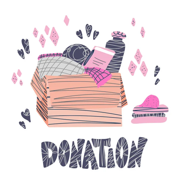 Donation concept. Box with stuff and text. — Stock Vector