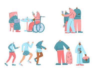 Bir grup yaşlı insan izole edildi. Vektör Illustration.