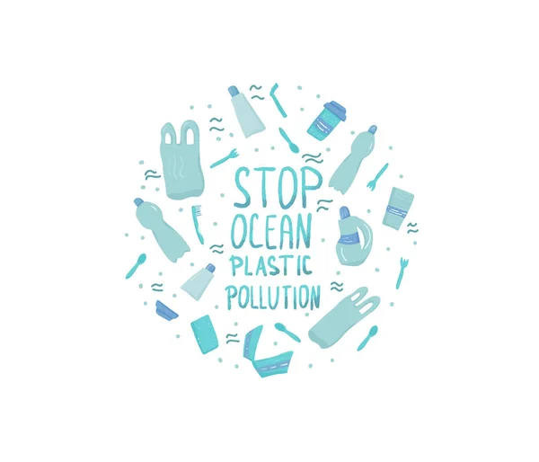 Detener la contaminación plástica oceánica. Texto estilizado vectorial — Vector de stock