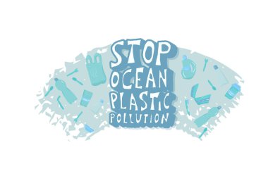 Okyanus plastik kirliliğini durdurun. Vektör stilize metin