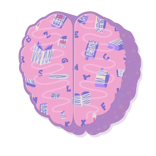 Concept de lecture. Cerveau vecteur avec décoration de livres . — Image vectorielle