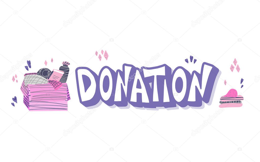 Donation concept. Box with stuff and text.