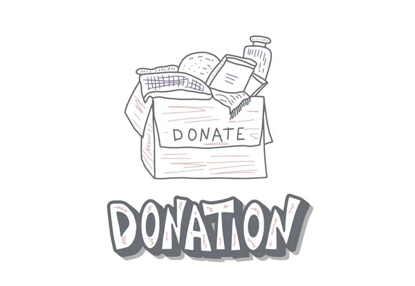 Donatie concept. Doos met spullen en tekst. — Stockvector