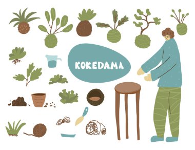 Kokedama hazır. Doodle vektör asya bitki koleksiyonu