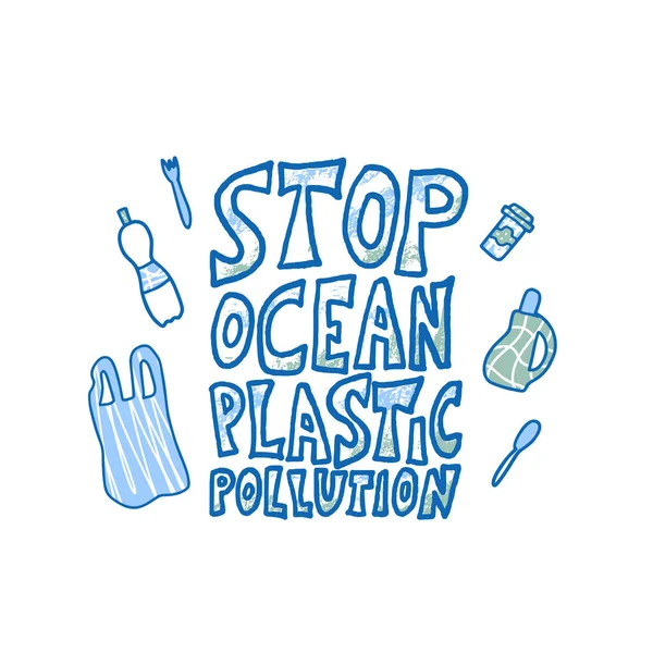Detener la contaminación plástica oceánica. Texto estilizado vectorial — Vector de stock