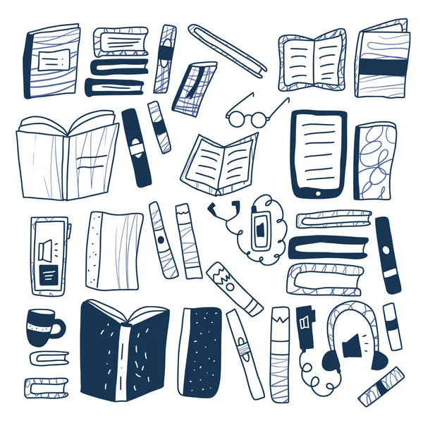 Conjunto de livros em estilo doodle. Ilustração vetorial . — Vetor de Stock