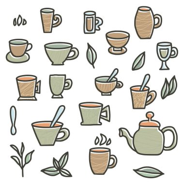Çay seti. Bardak ve çaydanlıklar. Vektör Illustration.