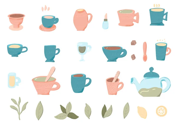 Tea set. Cups and teapots. Vector illustration. — Stock Vector