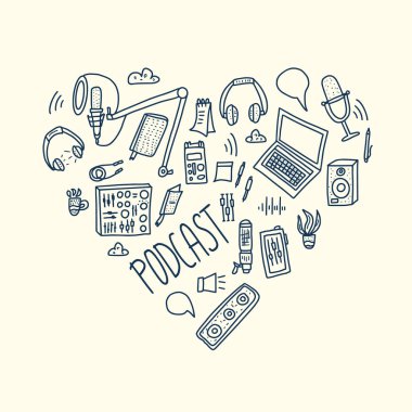 Podcast yazı dekorasyonu ile. Vektör tasarımı.