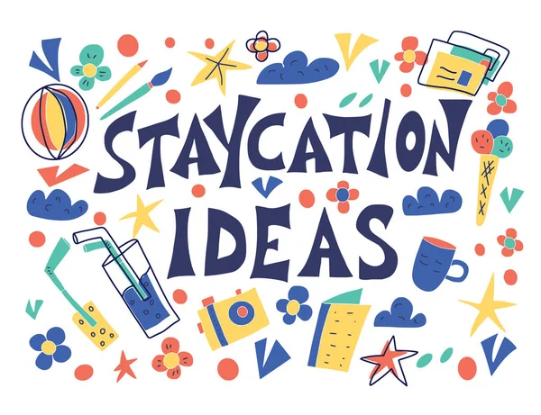 Doodle tarzında staycation posteri. Vektör tasarımı. — Stok Vektör