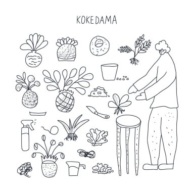 Kokedama hazır. Doodle vektör asya bitki koleksiyonu