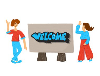 Hoş geldiniz ifade ve iki kız ile Tablet. 