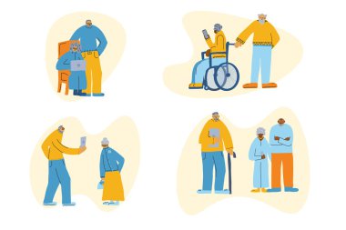 Bir grup yaşlı insan izole edildi. Vektör Illustration.