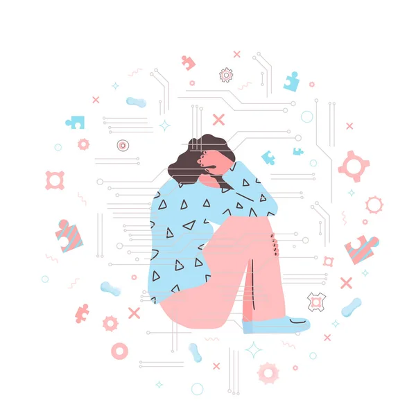 Girl sitting on the floor with headache. — Stock Vector