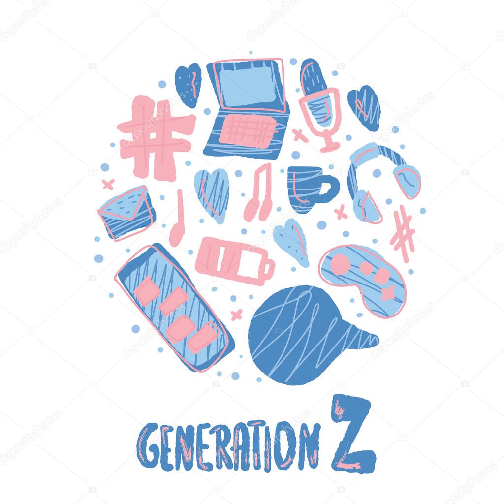 Generation z round composition. Text with digital symbols. Vector concept illustration.