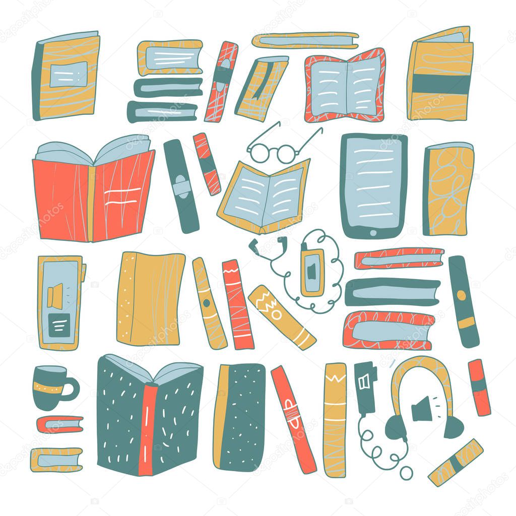 Set of books in doodle style. Vector illustration.