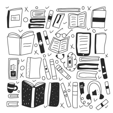 Doodle tarzında kitap seti. Vektör çizimi.
