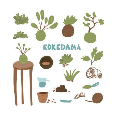 Kokedama hazır. Doodle vektör asya bitki koleksiyonu