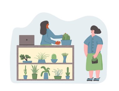 Kapalı bitkiler dükkanı. Saksıda satılan ev bitkileri. Müşterisiyle ev bitkileri satıyor. Küçük işletme konsepti. Çiçekçinin sahibi bir müşteriye saksı veriyor. Vektör düz resimleme.