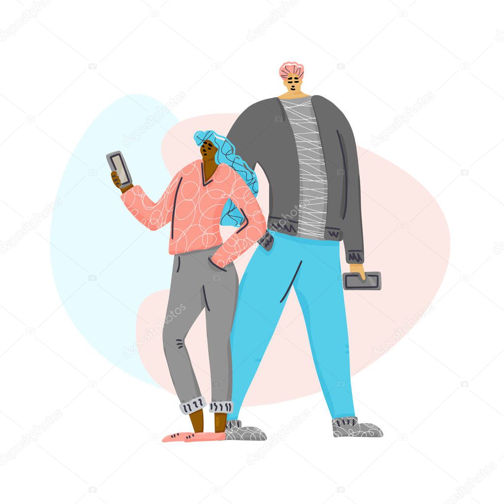 Young couple with phones standing together Teenagers characters isolated. Boy and girl full lenth. Vector flat illustartion.