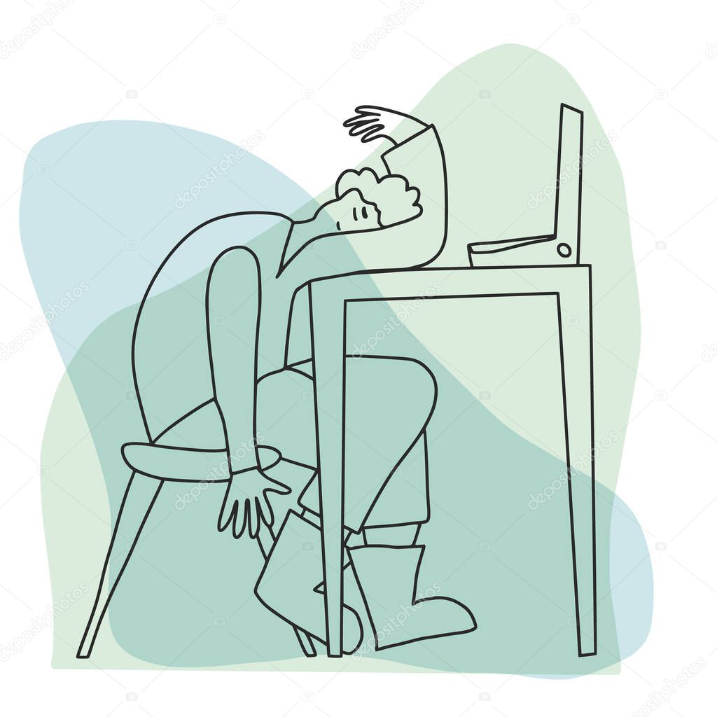 Young man  sitting at the laptop and sleeping. Exhausted character at work. Vector illustration.