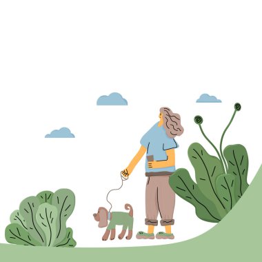 Köpek gezdirici. Sahibi evcil hayvanıyla yürüyor. Kız köpeğe tasma takıyor. Vektör illüstrasyonu.