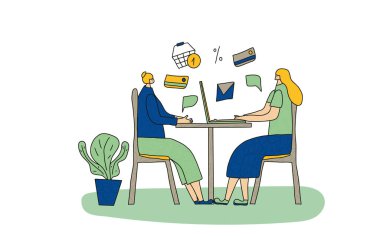 İnternetten alışveriş konsepti. Günlük giysiler giymiş iki genç kadın masada oturuyor ve kıyafet sipariş ediyor. Arkadaşları bilgisayar kullanarak bir şeyler çalıyorlar. İnternet mağazası. Vektör illüstrasyonu.