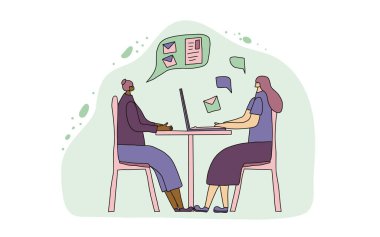 Akıl hocalığı konsepti. Meslektaşlar masada oturuyor ve çalışıyor. Gençler kariyer hakkında konuşuyor. İki bayan iş arkadaşı beceri geliştirme hakkında tartışıyorlar. Görüşme. Vektör illüstrasyonu.