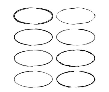 Bir dizi siyah oval grunge çerçeve. Geometrik elips boş sınır koleksiyonu. Vektör illüstrasyonu.