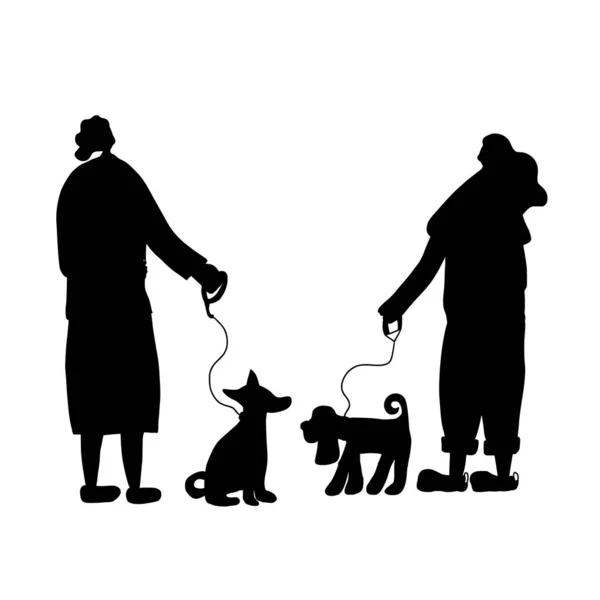 Silhouette Chien Ambulant Propriétaires Debout Avec Des Animaux Compagnie Parler — Image vectorielle