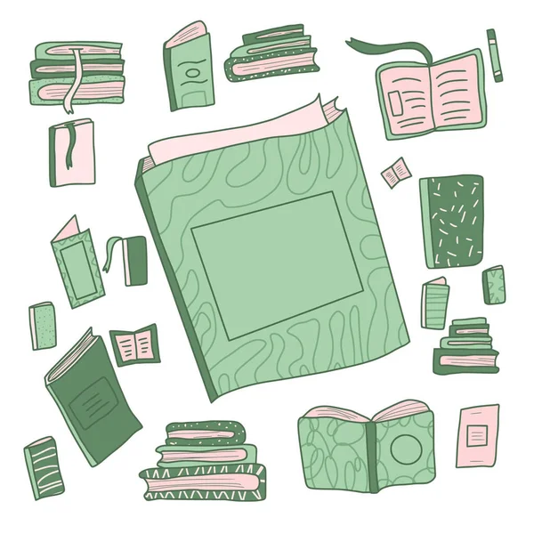 Boekenset Doodle Stijl Cirkelsamenstelling Met Symbolen Van Lezen Boekenclub Concept — Stockvector