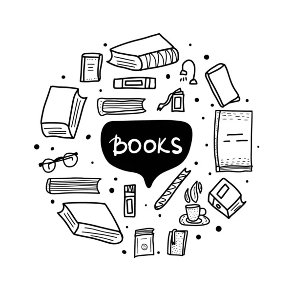 Libros Estilo Doodle Banda Redonda Con Símbolos Lectura Composición Circular — Vector de stock