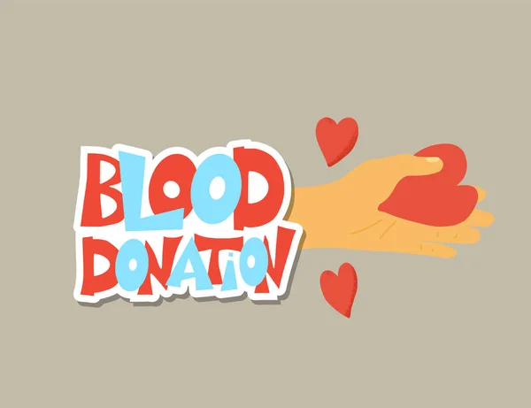 Concepto Donación Sangre Sticker Con Texto Mano Con Corazones Ilustración — Vector de stock