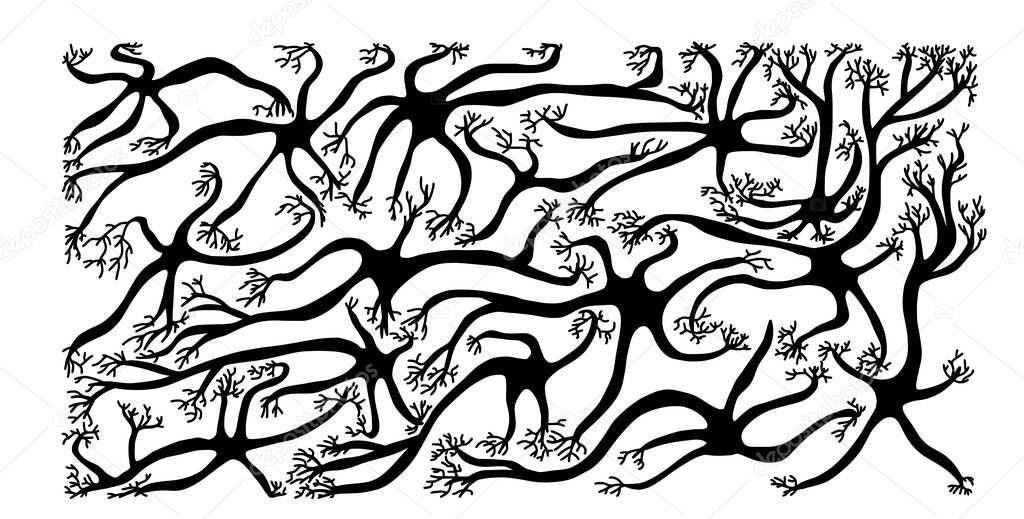 Neuron cells set. Collection of brain silhouette cells with axones and dendrites. Vector illustartion.