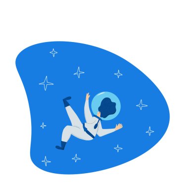 Açık alanda kask ve takım elbise giymiş bir kadın astronot. Evrende yüzen bir uzay elbisesi giyen genç bir kadın. Vektör çizimi.