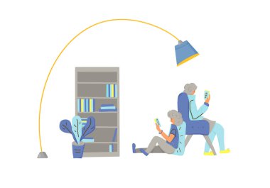 Elektronik kitap okuyan iki karakter. Telefonlarını kullanan kadın ve erkek kişiler. Vektör renk illüstrasyonu.