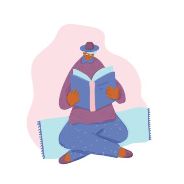 Beyaz arka planda izole edilmiş bir kitap okuyan şapkalı adam. Erkek karakter battaniyede bacak bacak üstüne atmış ve büyük bir kitap açıyor. Vektör rengi düz illüstrasyon.