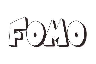 Fomo kısaltması beyaz arkaplanda izole edilmiş metin amblemi. Modern sosyal kaygı kısaltması. Konsepti kaçırma korkusu. Vektör illüstrasyonu