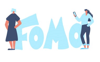 FOMO kısaltması beyaz arkaplanda izole edilmiş metin amblemi. Sosyal kaygı duyan iki genç kadın. Konsepti kaçırma korkusu. İnternet argosu. Vektör illüstrasyonu