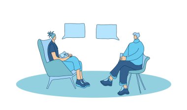 Görüşme konsepti. Sandalyede oturan ve boşluktan bahseden gençler. Etkileyici insanlar sohbet ediyorlar. Vektör illüstrasyonu.