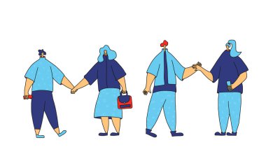 Çifte randevu konsepti. Beyaz arka planda el ele tutuşan iki genç insan. Romantik bir ilişki. Sevgililer Günü. Vektör illüstrasyonu.