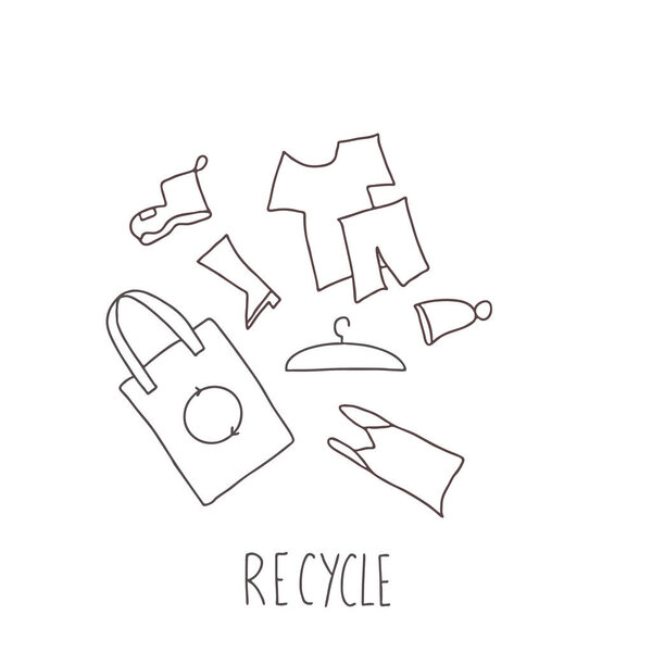 Символ вторичной переработки. Переработка одежды знак изолирован на белом фоне. Концепция нулевых отходов. Векторная эко-эмблема.