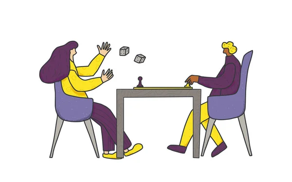 棋盘游戏概念 年轻人坐在椅子上玩桌上游戏 家人一起呆在家里 矢量平面插图 — 图库矢量图片