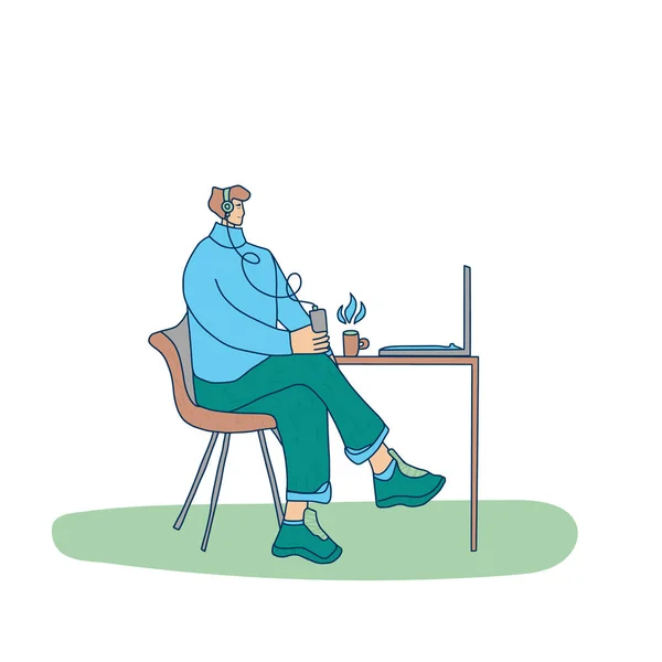 Concepto Ocio Joven Con Auriculares Sentado Silla Caffe Escuchando Una — Archivo Imágenes Vectoriales
